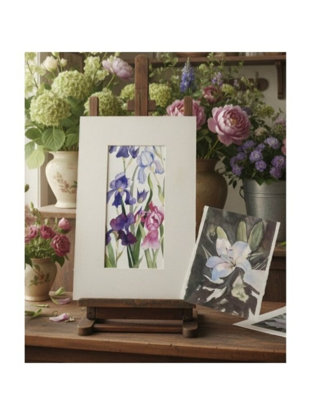Original Watercolor Iris Flower Painting Framed Art Floral Botanical Wall Decor